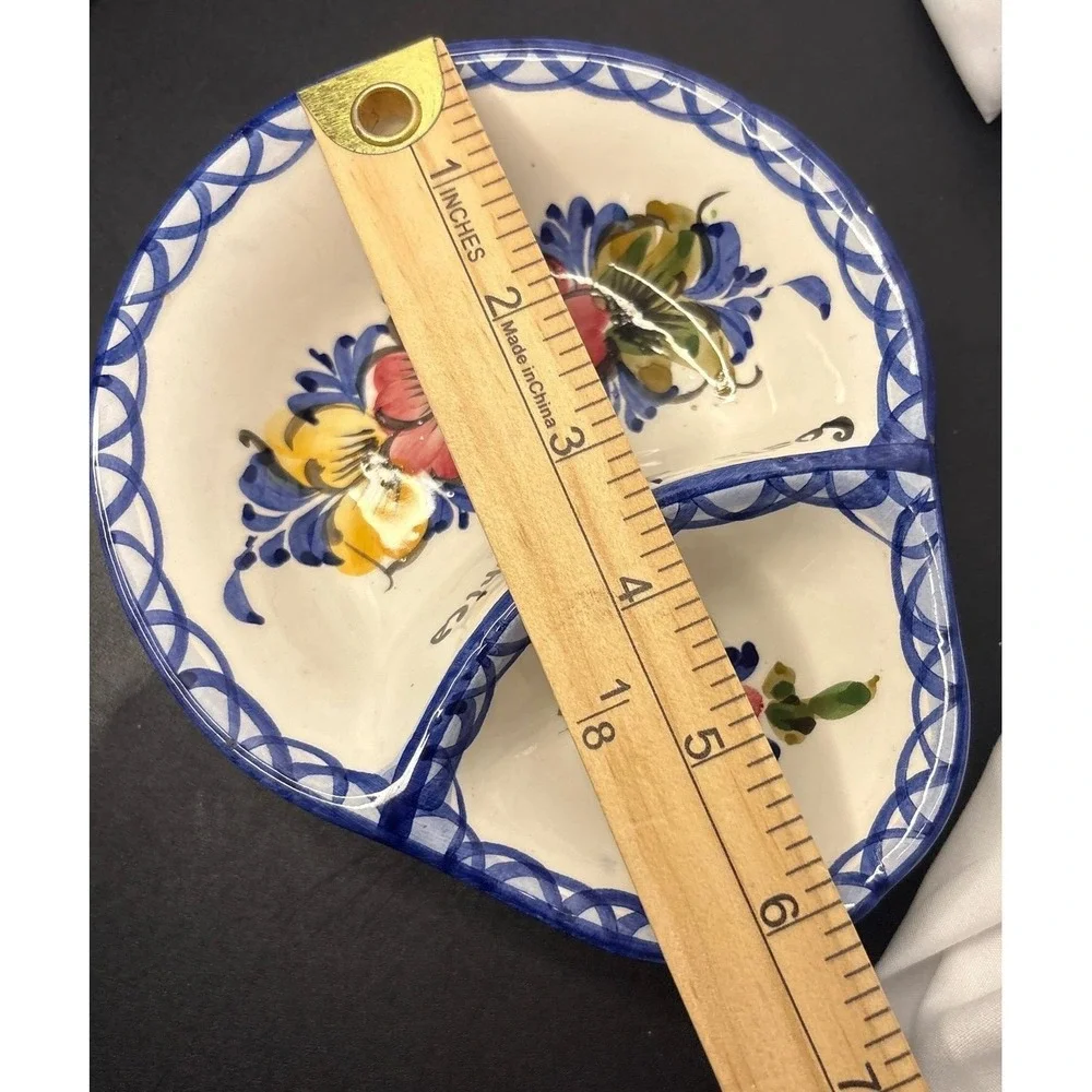 Hand Painted Portugal Costa da Caparica Floral Divided Ceramic‎ Serving Dish